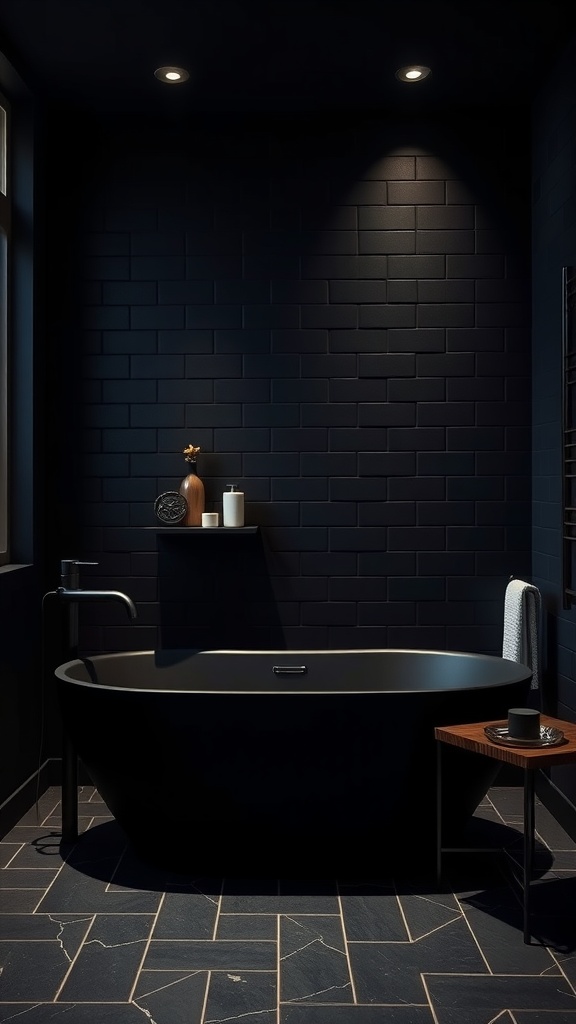 A modern bathroom featuring a freestanding black tub, dark tiled walls, and minimalistic decor.