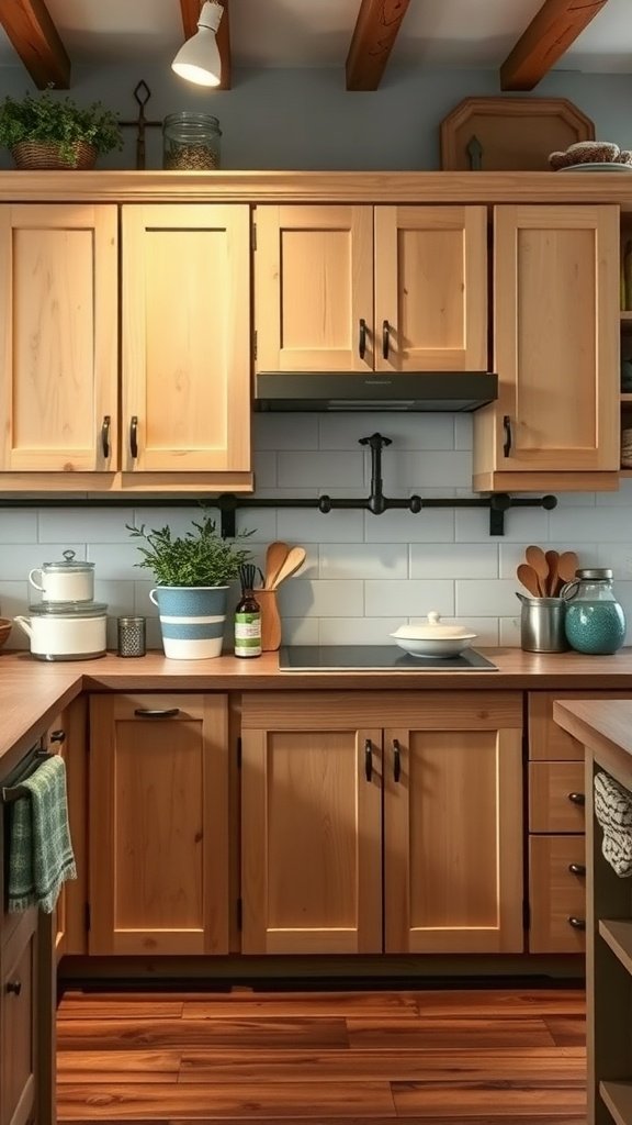 A rustic kitchen with unfinished shiplap cabinets, wooden counters, and potted herbs.