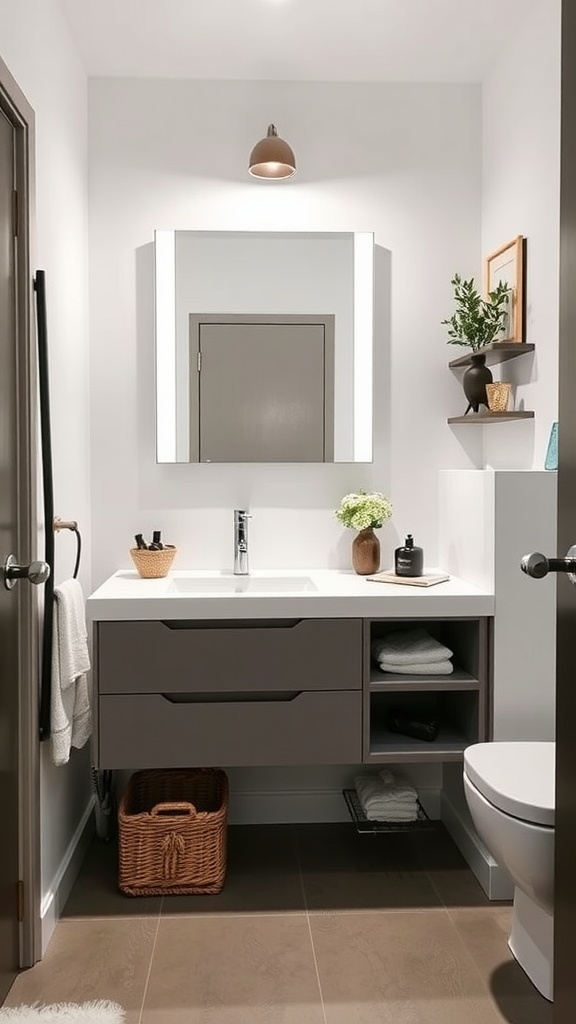 A modern bathroom featuring a sleek customized vanity with a mirror and decorative elements.