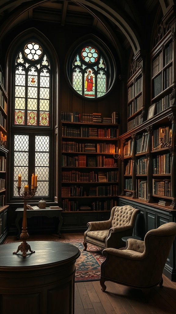 A cozy Gothic library with stained glass windows, filled with books and comfortable seating.