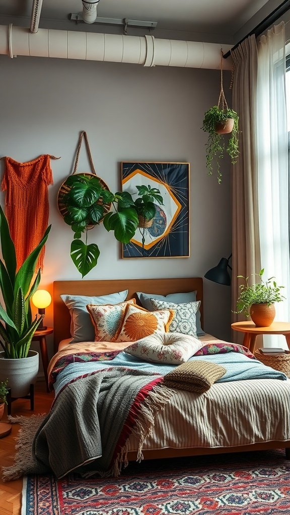 A cozy urban boho chic bedroom featuring a bed with colorful pillows, a warm throw blanket, plants, and artwork.