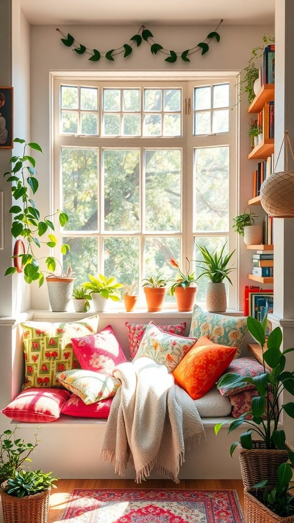 Cozy window nook with colorful cushions, a warm blanket, and plants, inviting kids to read.