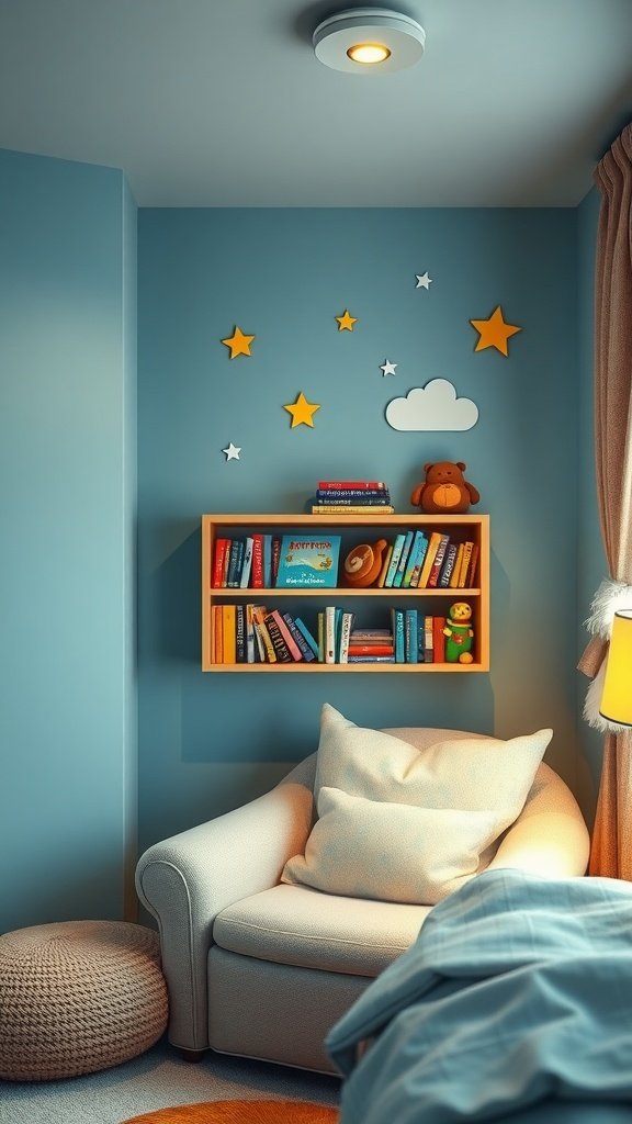 A cozy bedside reading nook for kids featuring a soft chair, colorful bookshelf, and playful decor.