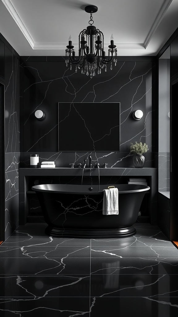A stylish black bathroom featuring marble walls and floors, a black freestanding tub, and a chandelier.