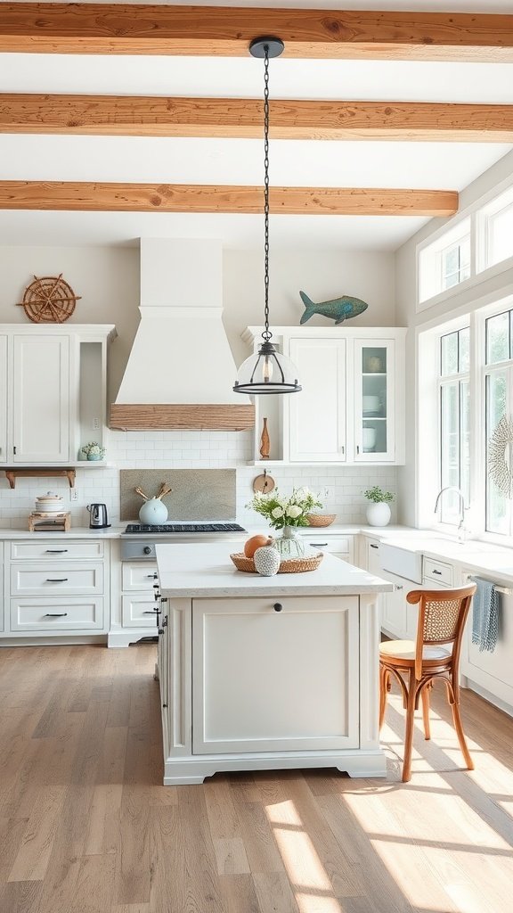 Coastal farmhouse kitchen with white cabinets, wooden beams, and a central island.