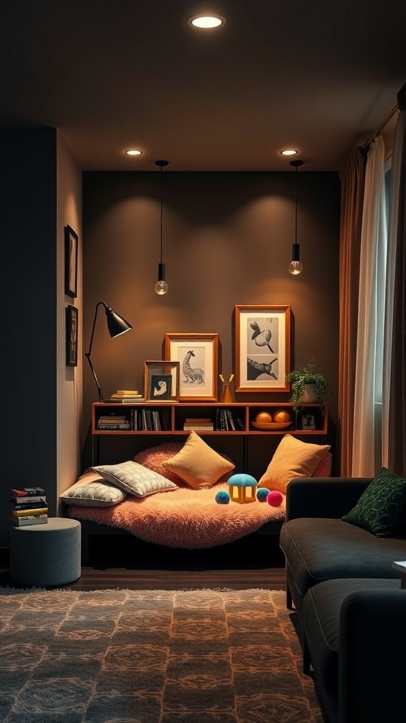 Cozy corner in a living room with a plush seating area, shelves filled with books, and soft lighting, designed for children.