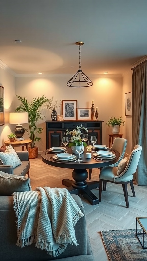 Cozy living room-dining room combo with a stylish sofa and a set dining table.