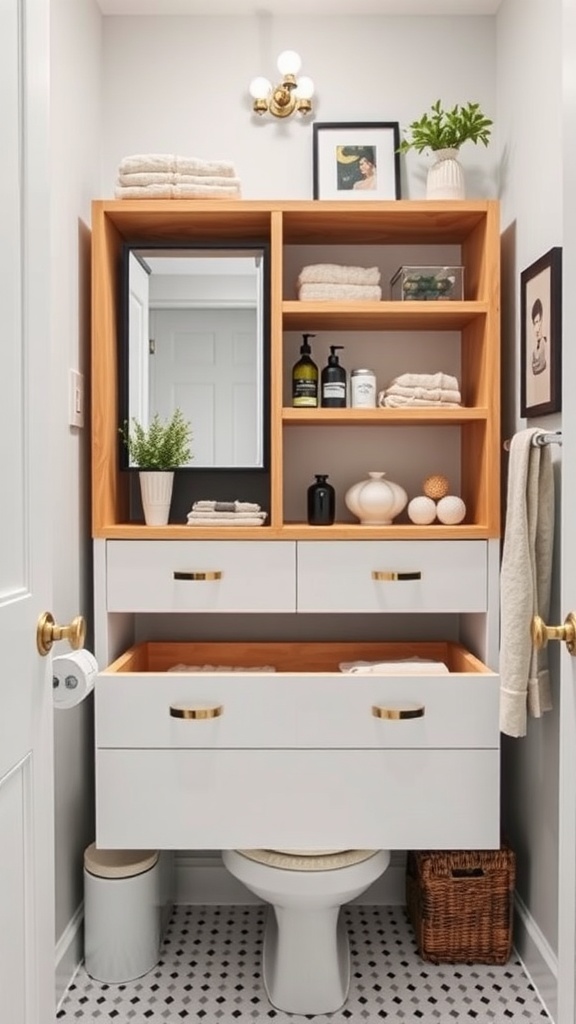 Ikea Godmorgon Drawer Frame in a stylish bathroom with open shelves and decorative items.