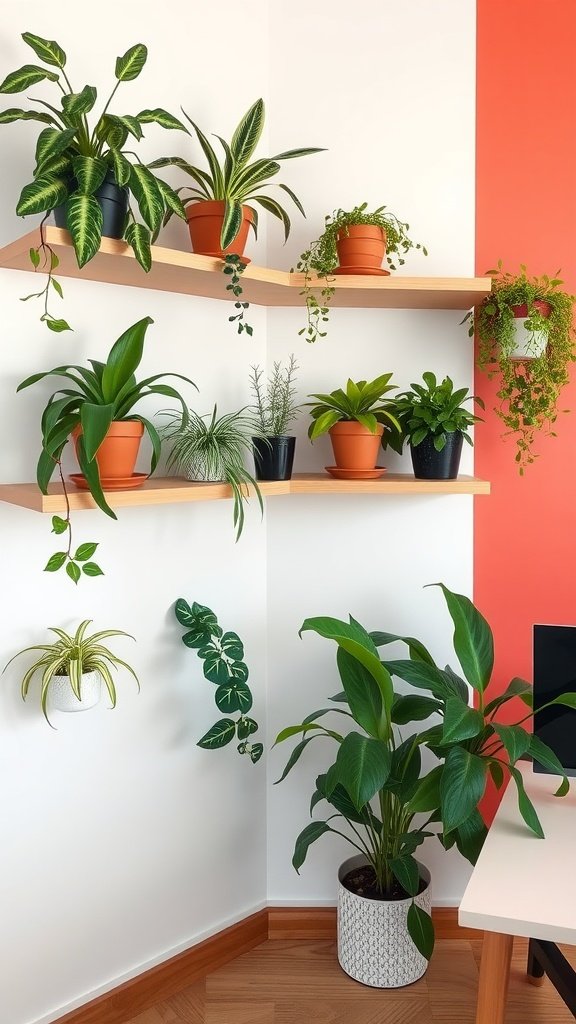 Floating wooden shelves adorned with various potted plants against a colorful wall