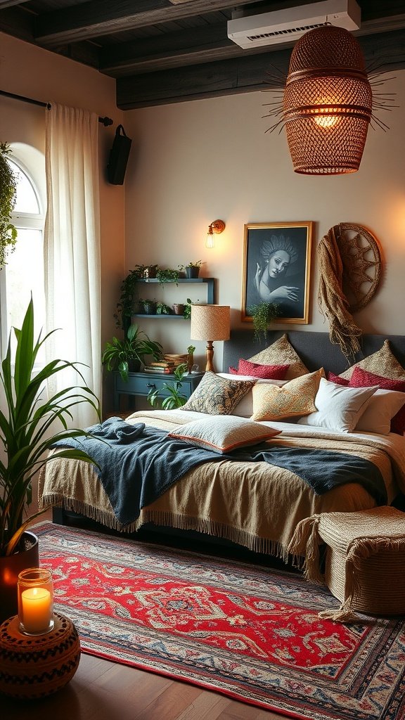 A cozy glam boho bedroom featuring layered textures, colorful throw pillows, a red area rug, and decorative lighting.