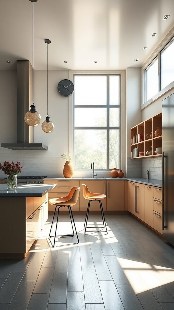 A bright U-shaped kitchen featuring a breakfast bar with modern stools and large windows.