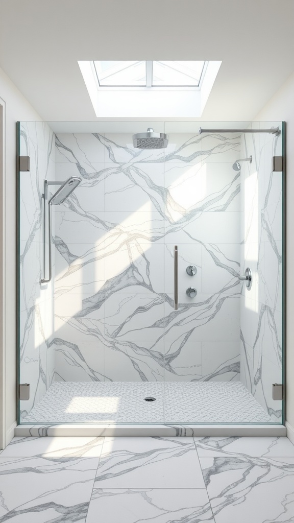 A modern walk-in shower with marble-like tiles and a skylight.