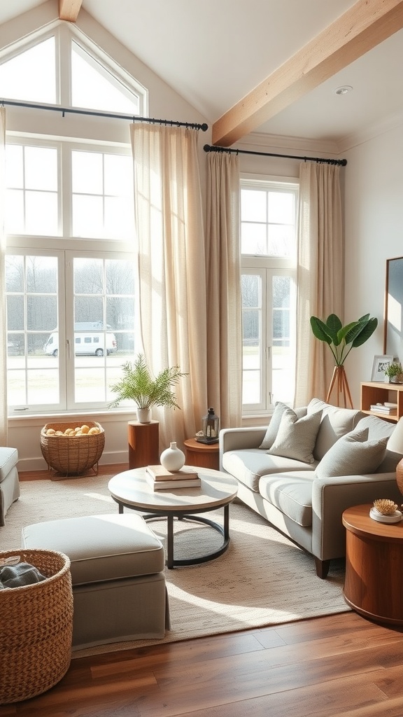 A modern farmhouse living room featuring large windows with light-colored linen curtains, cozy furniture, and wooden accents.