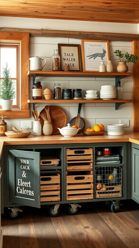 Metal rolling cabinets with wooden crate storage in a cozy farmhouse kitchen.