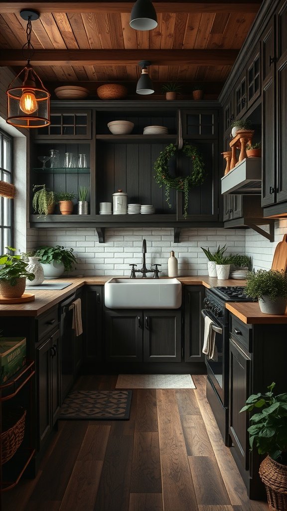 A cozy moody farmhouse kitchen with dark cabinets, a farmhouse sink, and plants.