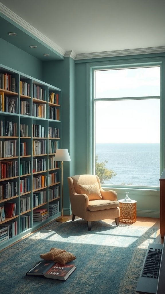 Cozy library room with seafoam walls, large window, comfortable armchair, and bookshelves.