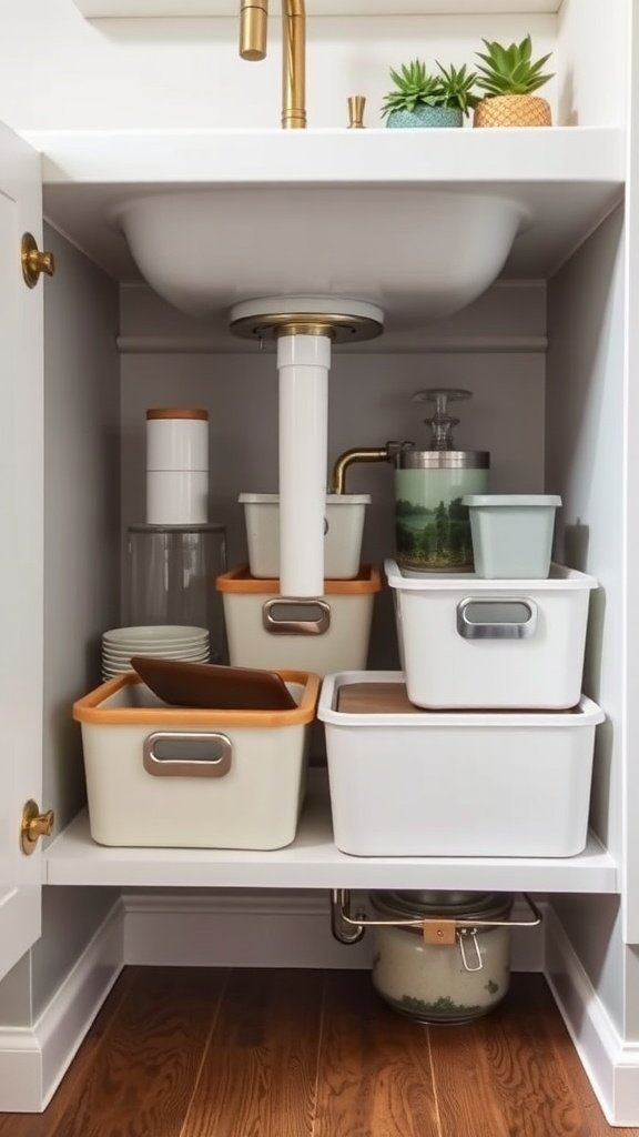 Organized under-sink storage with bins and plants