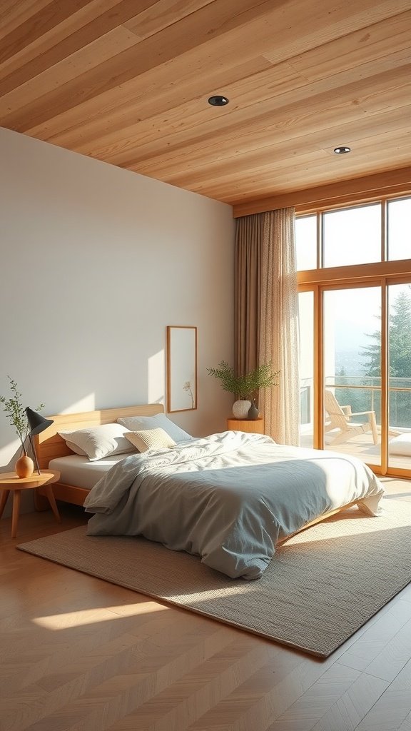 A serene Japandi bedroom featuring a wooden ceiling and large windows, with a cozy bed and minimal decor.