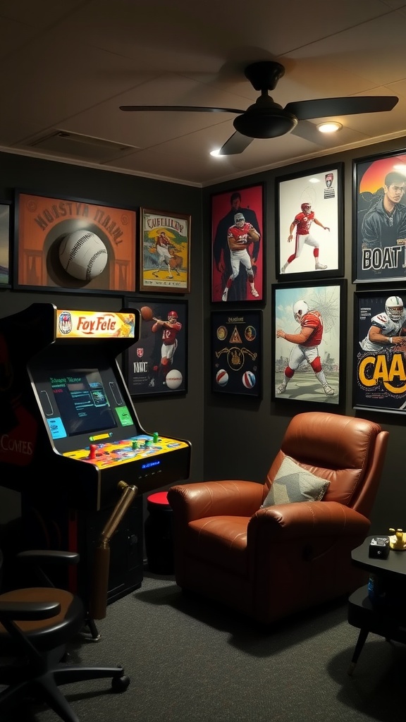 A stylish man cave with sports memorabilia, a retro arcade machine, and a comfortable recliner.