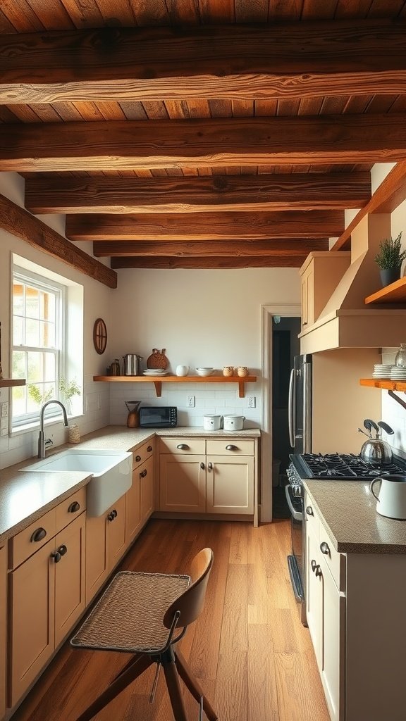 Cozy contemporary kitchen with rustic wooden beams and modern appliances.