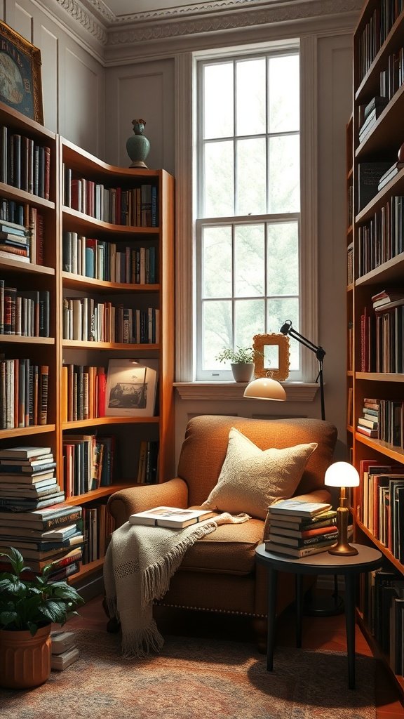 Cozy library nook with an armchair, bookshelves, a lamp, and a window.