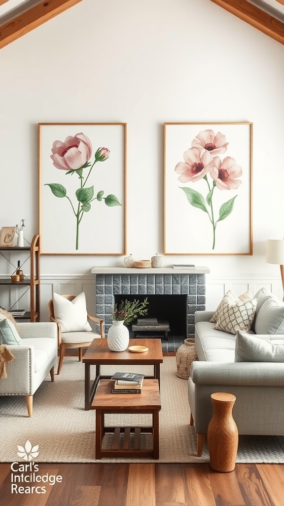Modern farmhouse living room featuring floral prints on the wall, neutral furniture, and a cozy atmosphere.