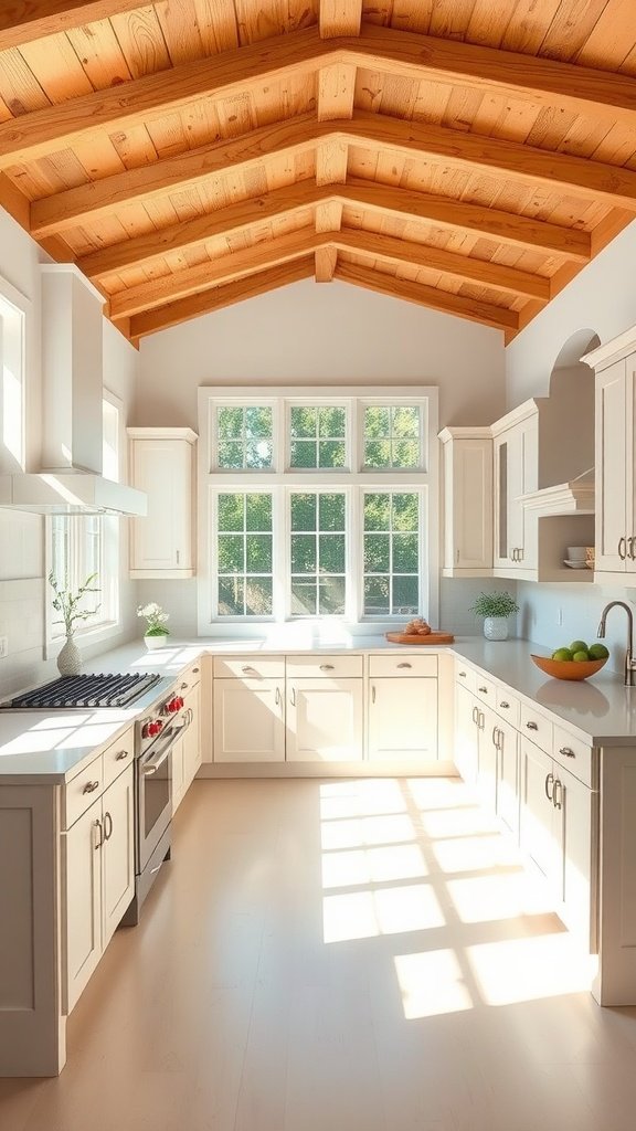 A bright traditional U-shaped kitchen with wooden beams, white cabinetry, and large windows