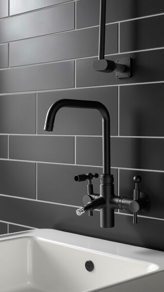 Black steel faucet and white sink against a dark tiled wall