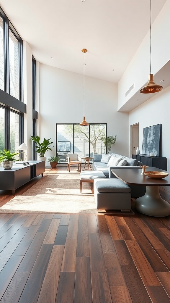 A bright and spacious living room-dining room combo with large scale furniture, featuring a sectional sofa, dining table, and plants.
