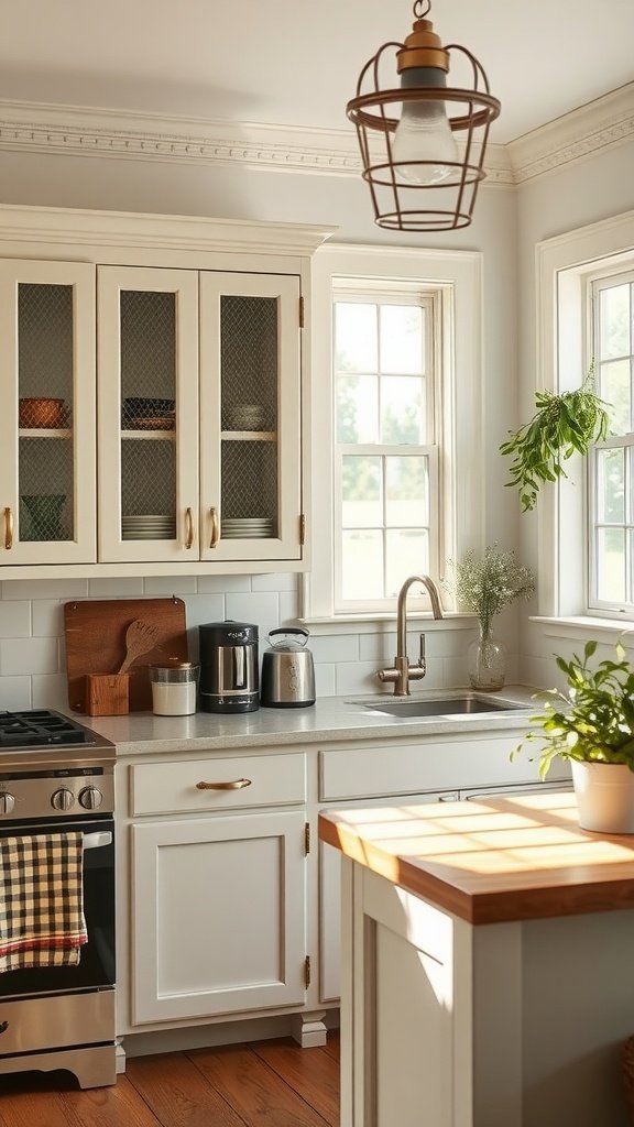 A cozy kitchen with light olive chicken wire open-face cabinets, showcasing dishes and decorated with greenery.