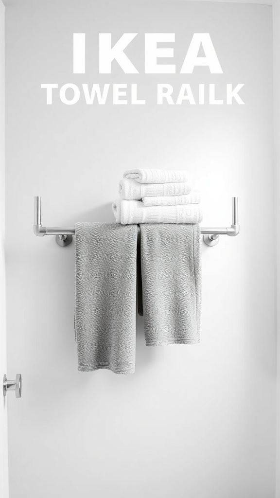 Minimalist IKEA towel rail with gray and white towels neatly arranged