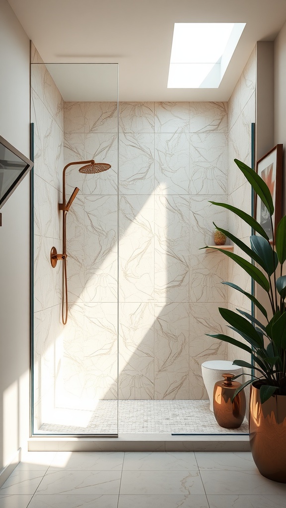 Luxurious walk-in shower with mother-of-pearl tiles and a glass enclosure
