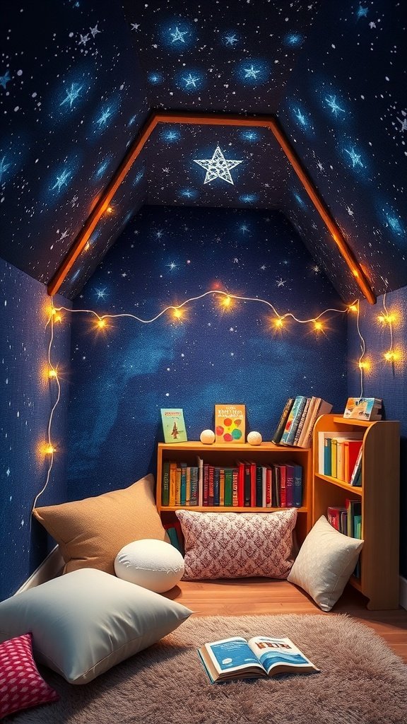 A cozy reading nook decorated with starry ceiling and fairy lights, complete with pillows and bookshelves.