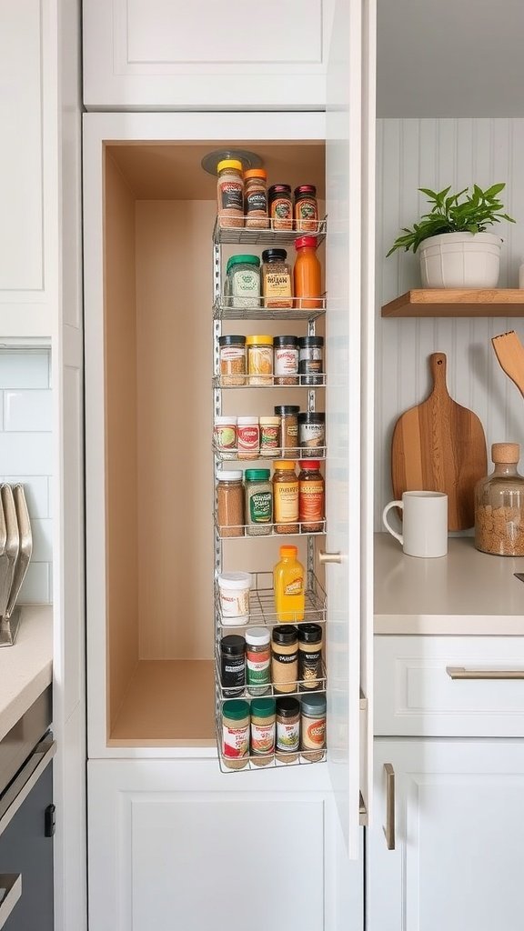 Vertical spice rack attached to the inside of a cabinet door, displaying various spices and sauces.