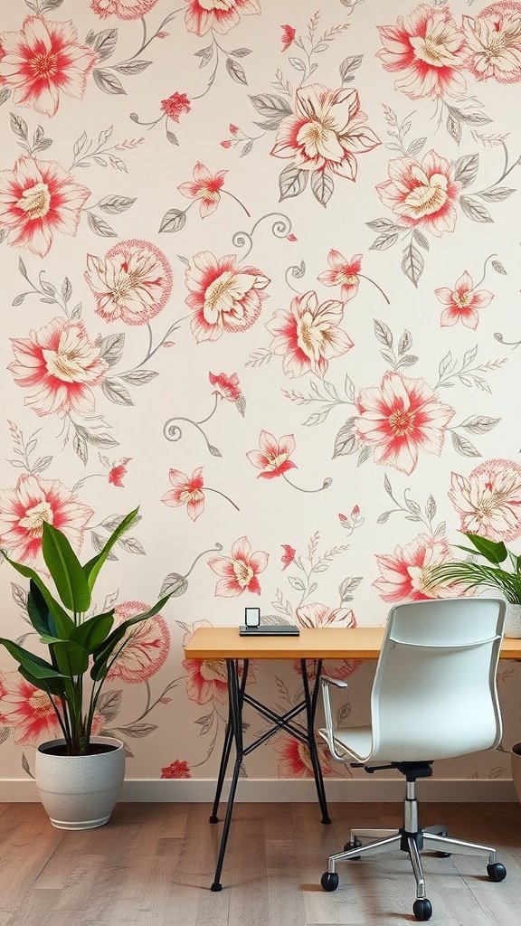 Vintage floral wallpaper with red and pink flowers, featuring a cozy desk setup.