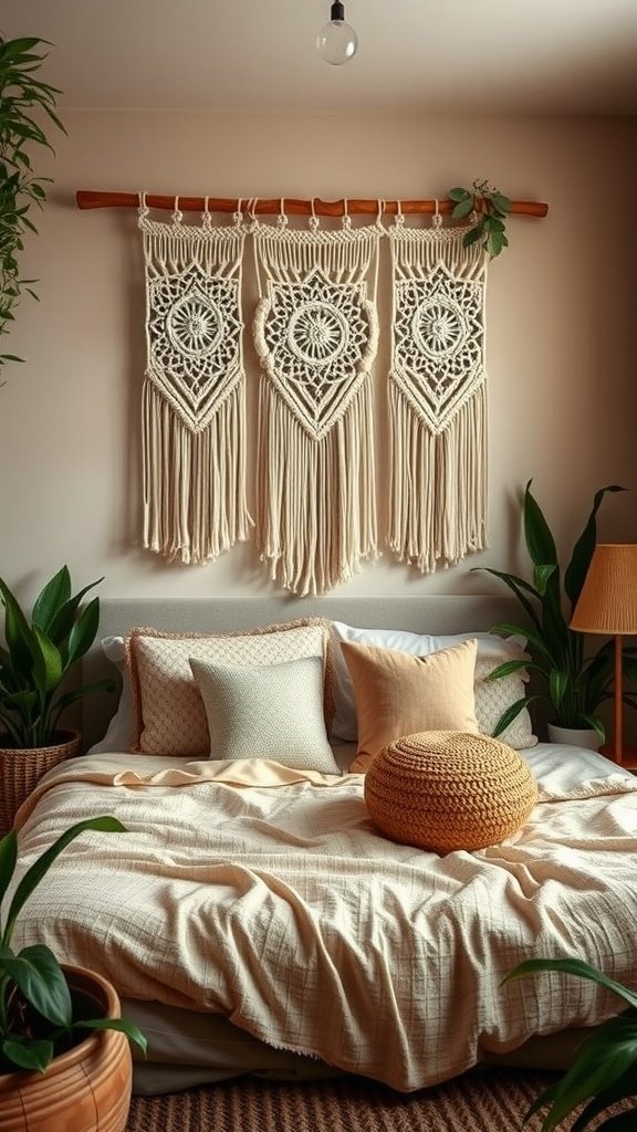 A cozy boho bedroom with a macrame wall hanging, textured pillows, and indoor plants.