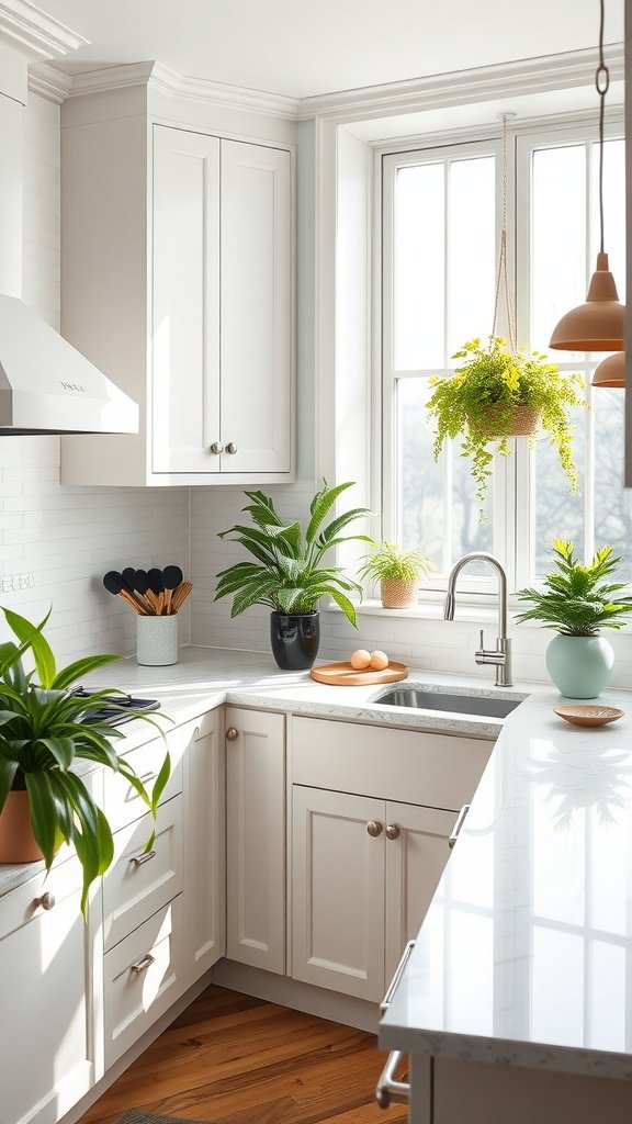 A bright U-shaped kitchen with various green plants and a sunny window