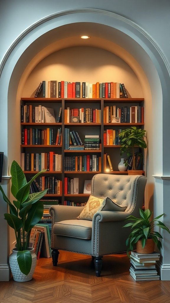 Cozy library alcove with bookshelves, armchair, and plants