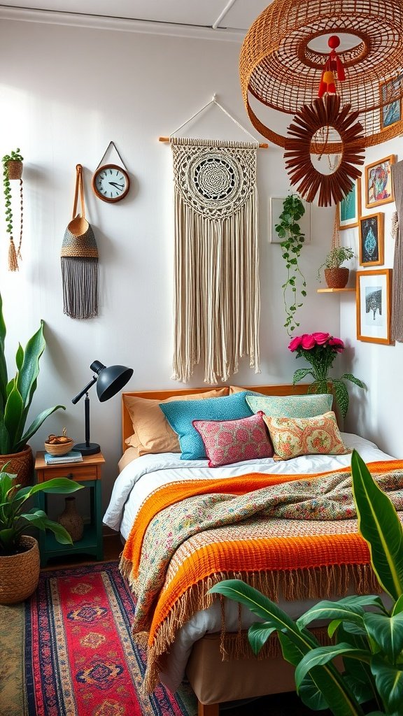 A cozy boho bedroom featuring colorful textiles, plants, and unique decor elements