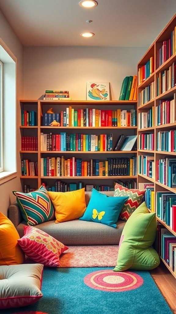 Cozy reading nook with colorful pillows and bookshelves filled with color-coded books.