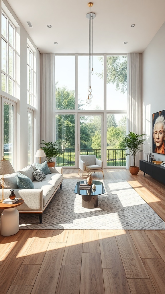 Bright and airy living room-dining room combo featuring large windows, plants, and neutral decor.