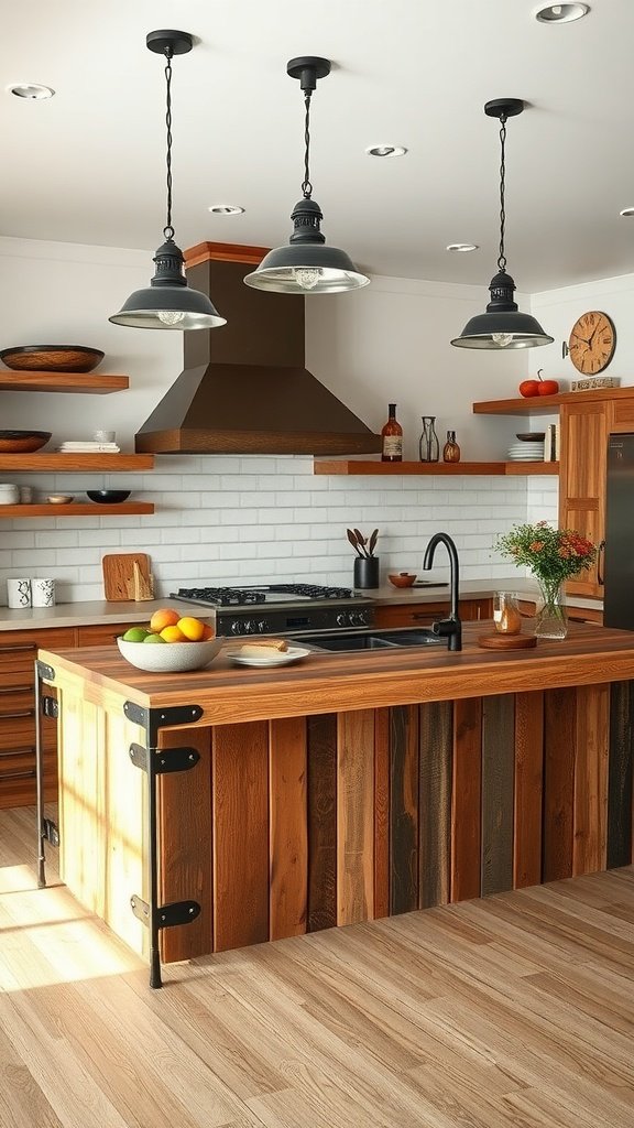 A rustic kitchen island with a wooden surface and dark wood slats, featuring pendant lights above and shelves with wooden bowls.