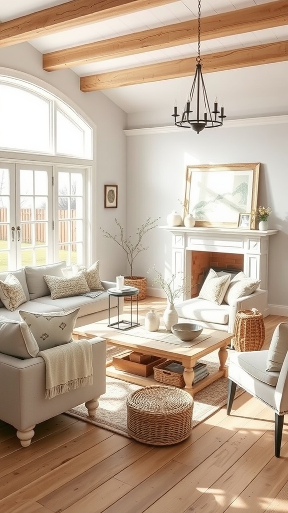 Modern farmhouse living room with milk paint finished furniture, wooden beams, and natural light