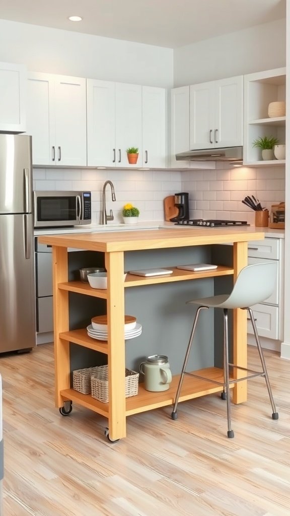 A modern movable kitchen island with open shelving and wheels in a small apartment kitchen.