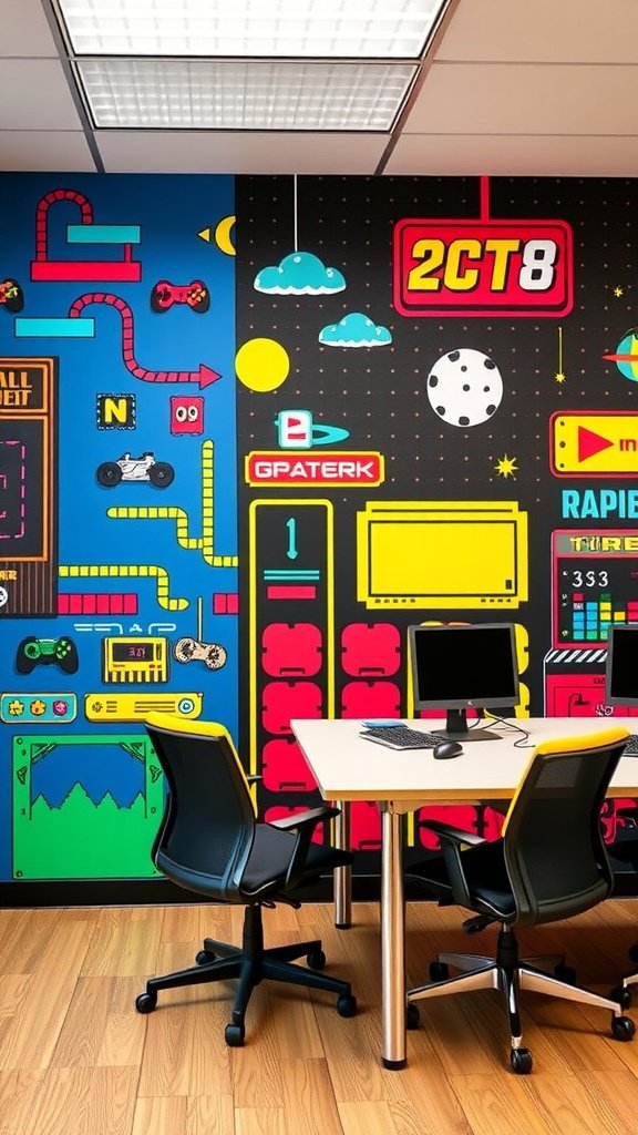 Vibrant retro arcade inspired office accent wall