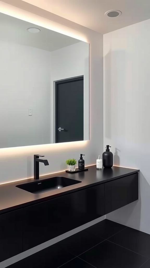 A modern black bathroom with sleek cabinetry, a black sink, and soft lighting around the mirror.