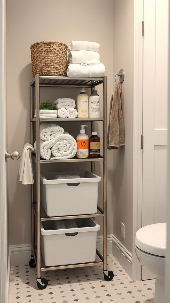 A versatile organization cart in a bathroom, showcasing towels, lotions, and storage bins.