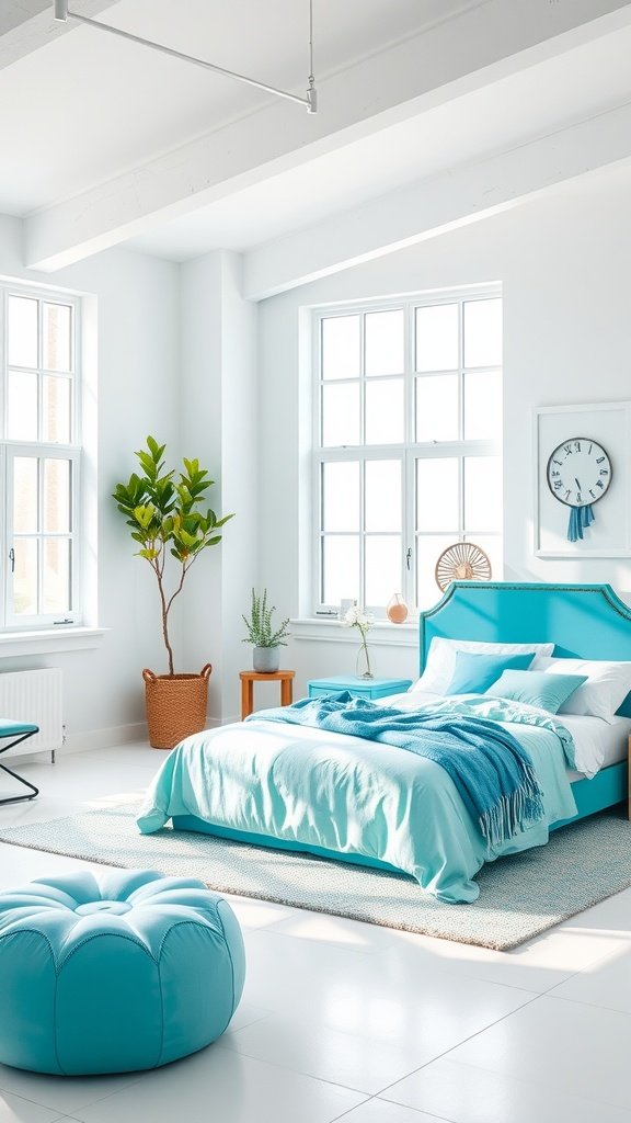A modern industrial bedroom featuring a turquoise bed and pouf against white walls and large windows.
