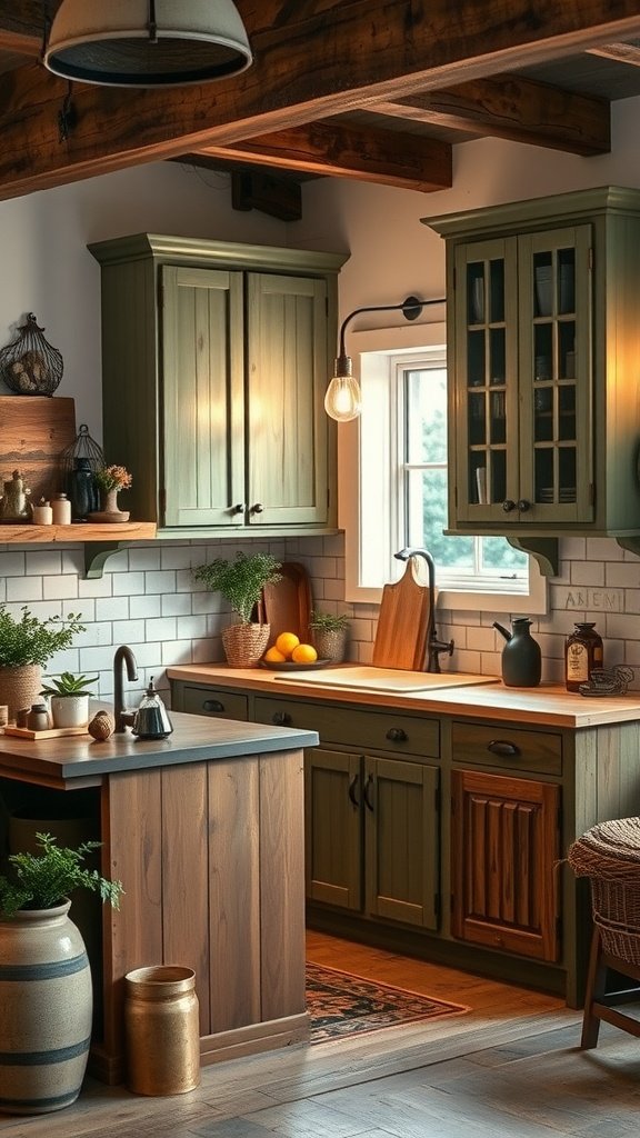 A kitchen with woodland distressed green cabinets and raw wood accents, featuring a farmhouse sink and natural light.