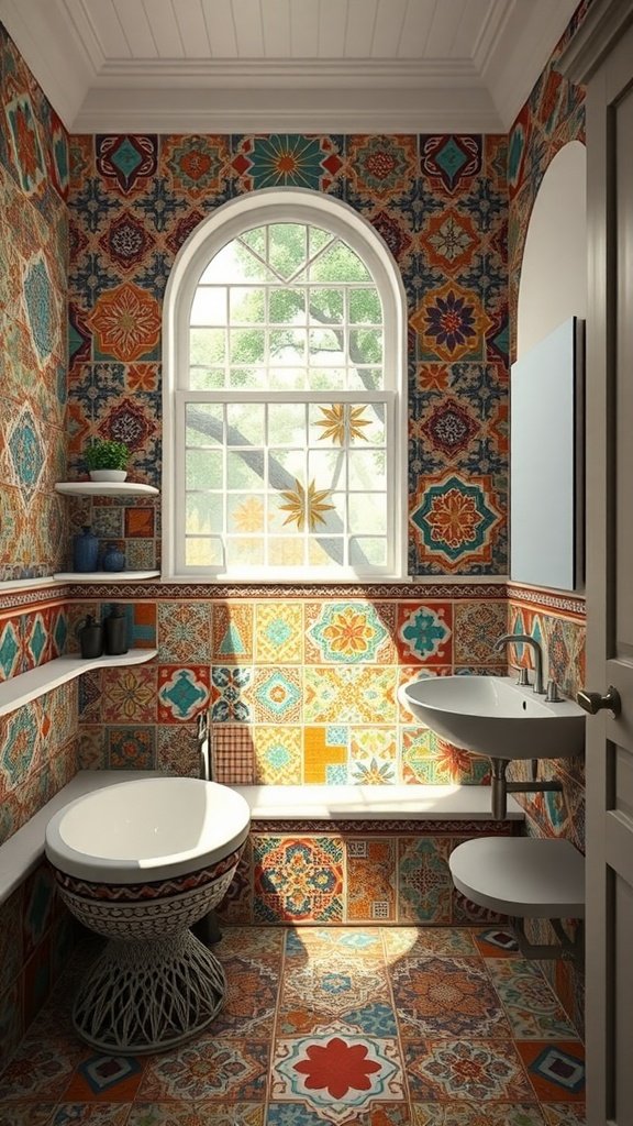 A bathroom with colorful Moroccan-inspired tiles covering the walls and floor, featuring a large window and modern fixtures.